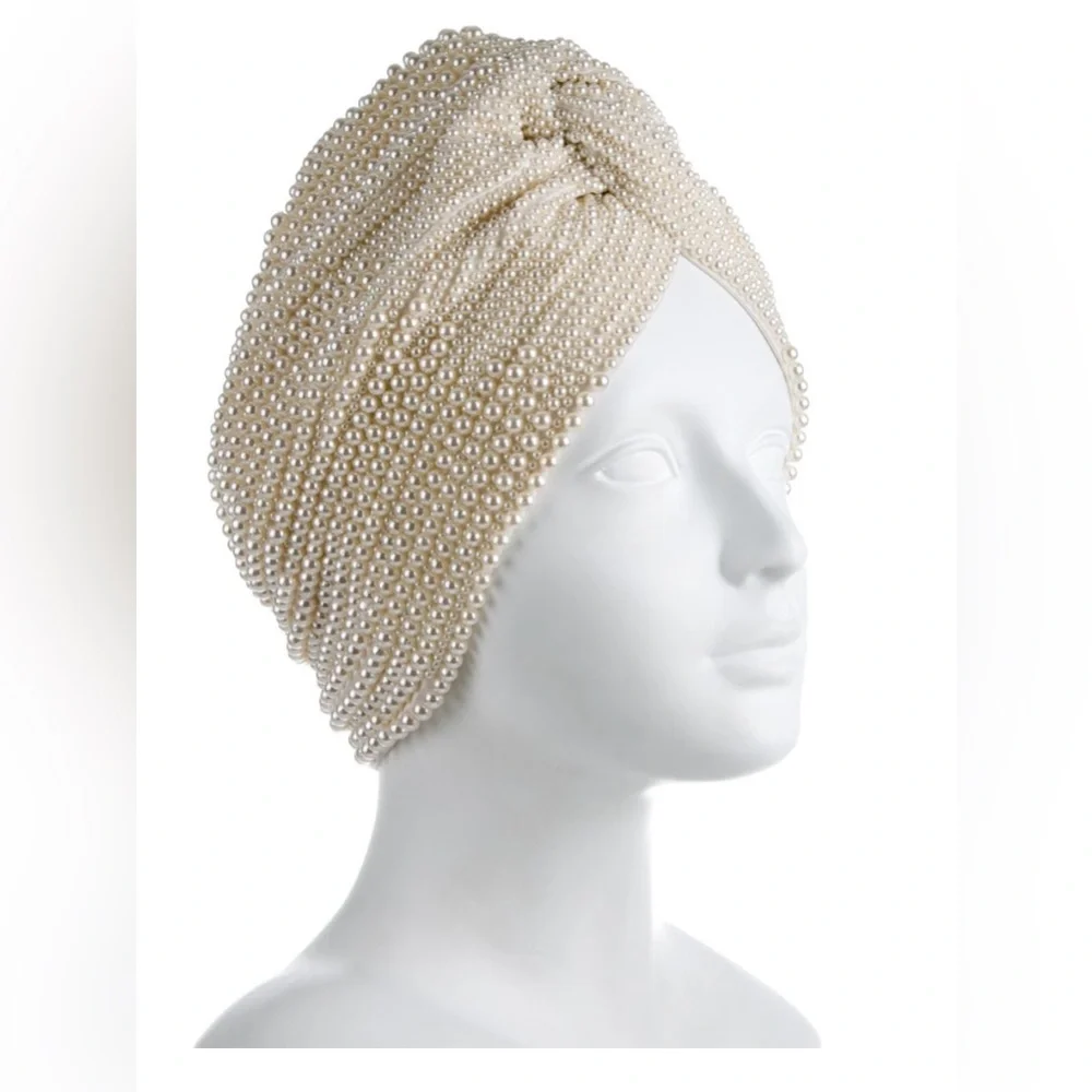 MARYJANE CLAVEROL IVORY FAUX PEARL BEADS TURBAN HEADBAND PIECE HAIR ACCESSORY